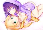  2girls ass blonde_hair breasts gochuumon_wa_usagi_desu_ka? green_eyes hoodie kirima_sharo long_hair nanakusa nopan open_shirt purple_eyes purple_hair short_hair tedeza_rize 