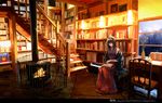  black_hair blue_eyes book chair chef_no_kimagure_salad commentary_request fireplace hairband highres holding holding_book idolmaster idolmaster_cinderella_girls indoors long_hair sagisawa_fumika scenery shawl solo stairs sweater translation_request window 