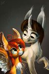  brown_hair duo equine fan_character feral fur hair horn locksto mammal my_little_pony orange_hair simple_background smile unicorn white_fur 