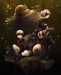  1girl anzi blindfold boots breasts choker cleavage cleavage_cutout dress emil_(nier) gloves high_heel_boots high_heels highres juliet_sleeves leaf light_particles long_sleeves machine_(nier) medium_breasts nier_(series) nier_automata pale_skin plant pod_(nier_automata) puffy_sleeves short_hair shorts sitting sword thigh_boots thighhighs weapon white_hair yorha_no._2_type_b yorha_no._9_type_s 