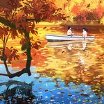  1girl autumn autumn_leaves blurry boat commentary_request gemi lake leaf long_hair original paddle peter_pan_collar railing reflection ripples rowboat rowing shirt short_sleeves sitting tree water watercraft white_shirt 