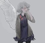 black_legwear bow bowtie collared_dress covering_mouth cowboy_shot dress feathered_wings grey_hair grey_jacket hand_in_pocket hand_over_own_mouth jacket kishin_sagume looking_to_the_side loose_bowtie motsuni_(artist) pantyhose purple_dress red_bow red_eyes red_neckwear short_hair single_wing solo touhou white_wings wings 