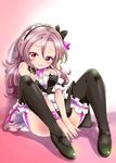 :3 battle_girl_high_school black_legwear breasts covering covering_crotch full_body kanoe long_hair looking_at_viewer maid maid_headdress medium_breasts mole mole_under_eye naughty_face red_eyes serizawa_renge simple_background sitting solo thighhighs 