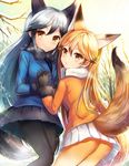  :o animal_ears ass backlighting bare_tree black_bow black_gloves black_hair black_legwear black_neckwear black_skirt blonde_hair blue_jacket blush bow bowtie breath brown_eyes brown_hair buttons closed_mouth cowboy_shot day elbow_gloves extra_ears eyelashes ezo_red_fox_(kemono_friends) fox_ears fox_tail fur-trimmed_sleeves fur_trim gloves gradient_hair highres holding_hands interlocked_fingers jacket kemono_friends long_hair long_sleeves looking_at_viewer miniskirt multicolored multicolored_clothes multicolored_hair multicolored_legwear multiple_girls open_mouth orange_jacket pantyhose pleated_skirt sakura_ani silver_fox_(kemono_friends) skirt smile snow sparkle standing sunlight tail tareme tree upskirt very_long_hair white_bow white_neckwear white_skirt winter 