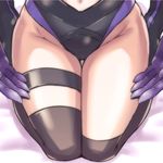  asymmetrical_legwear black_legwear close-up elbow_gloves fate/grand_order fate_(series) from_above gloves groin ken_tatsuki leotard lower_body mash_kyrielight navel navel_cutout purple_gloves seiza sitting solo thigh_gap thigh_strap thighhighs thighs 