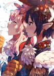  blush closed_eyes earrings feathers flower from_side hair_flower hair_ornament highres japanese_clothes jewelry kanzashi kimono long_hair mano_(narumi_arata) multiple_girls narumi_arata new_year open_mouth original pink_hair pointy_ears recri red_eyes revision upper_body white_background 