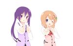  ;d bangs blue_eyes blush brown_hair eyebrows_visible_through_hair flower gochuumon_wa_usagi_desu_ka? hair_flower hair_ornament hairclip hoto_cocoa index_finger_raised koi_dance long_hair looking_at_viewer multiple_girls nagomi_yayado one_eye_closed open_mouth pink_flower purple_eyes purple_hair rabbit_house_uniform simple_background smile tareme tedeza_rize twintails upper_body waitress white_background 