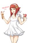 dress fire_emblem fire_emblem_if flower food hair_flower hair_ornament highres holding ice_cream kyou_(ningiou) looking_at_viewer red_eyes red_hair sakura_(fire_emblem_if) simple_background smile solo white_background white_dress 