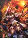  arm_guards armor bangs banned_artist black_legwear breastplate cape celica_(fire_emblem) detached_collar earrings elbow_gloves eyebrows_visible_through_hair fingerless_gloves fire fire_emblem fire_emblem_cipher fire_emblem_echoes:_mou_hitori_no_eiyuuou gauntlets gloves hair_ornament hairband headpiece highres holding holding_weapon jewelry long_hair magic midori_fuu official_art open_mouth outdoors overskirt red_eyes red_hair scan shield short_sleeves shoulder_armor skirt solo sword thighhighs weapon zettai_ryouiki 