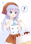  1girl apron bandana bangs blue_background blue_eyes blue_hair blush cake eyebrows_visible_through_hair food gochuumon_wa_usagi_desu_ka? gradient gradient_background hair_ornament kafuu_chino long_hair nagomi_yayado open_mouth pastry_bag pinstripe_pattern short_sleeves solo spoken_exclamation_mark striped sweatdrop tareme waist_apron whipped_cream x_hair_ornament 