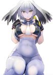  bikini black_bikini black_gloves bodystocking breasts cameltoe covered_nipples eyebrows_visible_through_hair fingerless_gloves from_below gloves hair_between_eyes head_wings highres kemono_friends large_breasts navel nylon pantyhose parted_lips shirt_lift shoebill_(kemono_friends) silver_hair simple_background sitting solo string_bikini swimsuit swimsuit_under_clothes wariza white_background yellow_eyes 