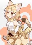  absurdres animal_ears bare_shoulders blonde_hair blush bow bowtie breasts brown_eyes cat_ears cat_tail elbow_gloves gloves highres japari_symbol kemono_friends kujou_ichiso looking_at_viewer medium_breasts open_mouth sand_cat_(kemono_friends) short_hair sleeveless solo tail 