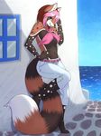  2013 anthro belt big_tail blush breasts brown_fur clothed clothing feline female fur green_eyes grin hair hand_on_hip hybrid ingi kayla_(qckslvrslash) leopard looking_at_viewer mammal nipple_bulge outside pink_hair pose red_hair red_panda sea skimpy sky smile solo standing street water window 