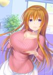  :d bangs blue_eyes blush breast_hold breast_lift breasts choker cleavage collarbone commentary_request cowboy_shot large_breasts lifted_by_self long_hair long_sleeves looking_at_viewer open_mouth orange_hair original ribbed_shirt shigemiya_kyouhei shirt skirt smile solo white_skirt 