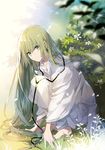  androgynous arm_support barefoot blurry bush commentary_request depth_of_field eihi enkidu_(fate/strange_fake) fate/grand_order fate/strange_fake fate_(series) flower full_body grass green_eyes green_hair head_tilt jewelry leaf long_hair long_sleeves looking_at_viewer male_focus nature necklace outdoors pants plant robe smile solo squatting white_pants white_robe wide_sleeves 