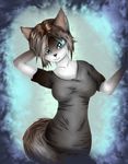  2015 anthro black_nose blue_eyes breasts brown_hair cat clothed clothing feline female grey_hair hair looking_at_viewer mammal seleeger smile solo 