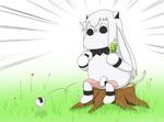  bottle brand_name_imitation collar comic commentary dropping eating flower food food_on_legs grass holding holding_bottle holding_food horns kantai_collection long_hair mittens moomin muppo northern_ocean_hime onigiri sazanami_konami sitting sitting_on_tree_stump solo tail tree_stump white_background white_hair wrappings 