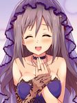  :d ^_^ bare_shoulders blush breasts choker cleavage closed_eyes elbow_gloves fishnet_gloves fishnets gloves grey_hair hair_down idolmaster idolmaster_cinderella_girls jewelry kanzaki_ranko large_breasts long_hair necklace open_mouth ring single_elbow_glove smile solo tears upper_body uraichishi veil wedding_ring 