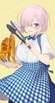  alternate_costume apron bespectacled blue_skirt bread breasts casual checkered checkered_apron fate/grand_order fate_(series) food glasses hair_over_one_eye hayashi_kewi koubeya_uniform large_breasts looking_at_viewer mash_kyrielight purple_eyes purple_hair shirt short_hair short_sleeves skirt solo tongs white_shirt 