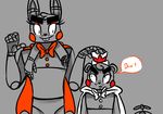  2016 animatronic anthro bear black_and_white bow_tie buckteeth cape clothing dialogue duo english_text five_nights_at_freddy&#039;s five_nights_at_freddy&#039;s_2 hat hrey_bg inkyfrog lagomorph machine male mammal monochrome propeller_hat rabbit restricted_palette robot severed_arm teeth text toy_bonnie_(fnaf) toy_freddy_(fnaf) video_games 