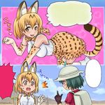  2girls animal_ears backpack bag black_hair blonde_hair bow bowtie commentary domoge elbow_gloves exploitable fang gloves hat hat_feather helmet high-waist_skirt highres kaban_(kemono_friends) kemono_friends multiple_girls pith_helmet red_shirt serval_(kemono_friends) serval_ears serval_print serval_tail shirt skirt sleeveless sleeveless_shirt striped_tail sweat tail thighhighs yellow_eyes 