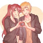  1girl black_jacket blonde_hair blush closed_eyes green_eyes happy heart heart_hands heart_hands_duo hood hoodie jacket jaune_arc pyrrha_nikos red_hair rwby smile 