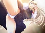  1girl bare_legs blonde_hair breasts character_request female game_cg kansen kansen_5:_the_daybreak kansen_5_~the_daybreak~ kicking kiss large_breasts long_hair panties pantyshot saliva school_uniform serious shiny_skin 