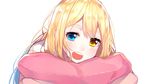  :d blonde_hair blue_eyes blush heterochromia highres long_hair looking_at_viewer open_mouth original pillow smile solo teeth the_cold white_background yellow_eyes 