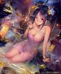  arm_support black_hair blurry bow bracelet breasts brown_hair cleavage depth_of_field dutch_angle evening fence floral_print hair_bow hair_ornament jewelry large_breasts leaf liduke lips long_hair looking_at_viewer maple_leaf naked_towel one_eye_closed onsen outdoors parted_lips partially_submerged purple_eyes red_eyes sengoku_saga sidelocks smile solo towel tree two_side_up wet wooden_fence 