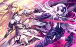  armor blonde_hair blue_eyes braid detached_sleeves dual_persona fate/apocrypha fate/grand_order fate_(series) faulds flag fur_trim gauntlets headpiece jeanne_d'arc_(alter)_(fate) jeanne_d'arc_(fate) jeanne_d'arc_(fate)_(all) kousaki_rui long_hair multiple_girls open_mouth smile sword thighhighs very_long_hair weapon yellow_eyes 
