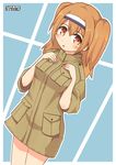  :o alternate_costume artist_name commentary_request hairband hand_on_own_chest highres i-26_(kantai_collection) kantai_collection light_brown_eyes light_brown_hair long_hair looking_at_viewer pepatiku pocket simple_background solo trench_coat two-tone_hairband two_side_up 