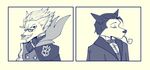  2boys bowtie cloak eyes_closed fate/grand_order fate_(series) furry glasses james_moriarty_(fate/grand_order) monochrome multiple_boys mustache pipe sherlock_holmes_(fate/grand_order) short_hair vest 