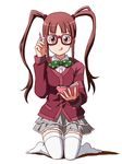  :p adjusting_eyewear bangs blunt_bangs book brown_eyes brown_hair cardigan commentary_request dress_shirt full_body glasses green_ribbon grey_skirt hair_tie holding holding_book idolmaster idolmaster_million_live! kneeling lace lace-trimmed_skirt layered_skirt lielos long_hair long_sleeves matsuda_arisa pencil purple_sweater red-framed_eyewear ribbon shirt simple_background skirt smile solo sweater thighhighs tongue tongue_out twintails white_background white_legwear white_shirt 
