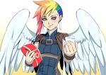  5_fingers bakki clothed clothing eyelashes feathered_wings feathers hair human mammal multicolored_hair rainbow_hair simple_background smile white_background white_feathers wings yellow_eyes 