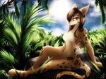  5_fingers anthro breasts brown_eyes brown_hair day detailed_background digitigrade eyelashes featureless_breasts featureless_crotch feline female fur hair mammal navel ocelot outside seleeger sitting sky smile solo spots spotted_fur sun 