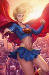  blonde_hair blue_eyes cape city curvy dc_comics foreshortening long_hair midriff miniskirt navel revision signature skirt skirt_lift smile solo stanley_lau sun supergirl superhero superman_(series) toned 