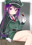  :c bangs blurry blurry_background blush cloak closed_mouth collared_shirt commentary_request crate crossed_legs cup drinking_glass gloves gochuumon_wa_usagi_desu_ka? hair_between_eyes hat holding holding_cup long_hair long_sleeves looking_at_viewer military military_hat military_uniform nagomi_yayado necktie peaked_cap purple_eyes purple_hair red_neckwear shirt sitting solo tedeza_rize thighs twintails uniform v-shaped_eyebrows white_gloves white_shirt wine_glass wing_collar 