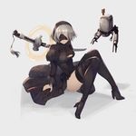  1girl bent_knees black_legwear black_thighhighs blindfold boots breasts dress full_body hairband high_heel_boots katana large_breasts mask mole mole_under_mouth nier_(series) nier_automata pod_nier:_(automata) robot short_hair silver_hair simple_background sitting solo sword thigh_boots thighhighs tree-raim yorha_no._2_type_b 