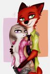  anthro black_nose breasts canine clothed clothing disney duo featureless_breasts female fingering fox green_eyes lagomorph looking_at_viewer male mammal navel pink_nose purple_eyes rabbit seleeger smile zootopia 
