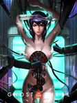  assembling blue_eyes collarbone convenient_censoring cyberpunk cyborg ghost_in_the_shell highres kusanagi_motoko liang_xing lips looking_at_viewer lying machinery medium_hair on_back parody purple_hair realistic science_fiction solo style_parody 