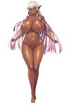  1girl aoi_nagisa_(artist) aoi_nagisa_(metalder) bangs blush breasts censored curvy dark_elf dark_skin elf erect_nipples evelyn_celebrian full_body gluteal_fold gold_eyes gradient_hair hair_ribbon huge_breasts long_hair looking_at_viewer monster_girl mosaic_censoring navel nude official_art pointy_ears shaved_pussy shiny shiny_skin silver_hair simple_background solo standing very_long_hair white_background yellow_eyes youkoso!_sukebe_elf_no_mori_he 
