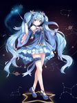  constellation detached_sleeves dress fingerless_gloves full_body gloves hatsune_miku highres long_hair looking_at_viewer munape outstretched_arm smile solo star star_night_snow_(vocaloid) twintails very_long_hair vocaloid wand yuki_miku 