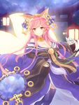  animal_ears babouo bow breasts cleavage detached_sleeves fate/extra fate/grand_order fate_(series) fox_ears fox_tail hair_bow hair_ribbon japanese_clothes large_breasts looking_at_viewer multiple_tails pink_hair ribbon solo tail tamamo_(fate)_(all) tamamo_no_mae_(fate) yellow_eyes 
