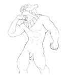  anthro balls flaccid humanoid_penis jaysee male monochrome muscular open_mouth penis renekton scalie scarf solo standing uncut 