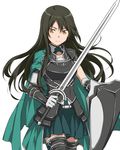  armor black_hair cape character_request collarbone cowboy_shot floating_hair gloves green_cape green_skirt grey_gloves hair_between_eyes holding holding_sword holding_weapon long_hair looking_at_viewer miniskirt official_art orange_eyes pleated_skirt shield simple_background skirt solo standing sword sword_art_online sword_art_online:_code_register thighhighs very_long_hair weapon white_background 