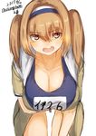  annoyed bent_over breasts cleavage collarbone dated eyebrows_visible_through_hair hairband hanging_breasts highres i-26_(kantai_collection) kantai_collection large_breasts light_brown_eyes light_brown_hair long_hair looking_at_viewer name_tag one-piece_swimsuit open_clothes open_mouth sailor_collar school_swimsuit shiragiku1991 short_sleeves solo swimsuit swimsuit_under_clothes twitter_username two-tone_hairband two_side_up white_background 