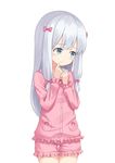  blue_eyes bow child eromanga_sensei hand_to_own_mouth heijialan izumi_sagiri long_hair looking_away pajamas pink_pajamas pink_shirt pink_shorts ribbon shirt shorts silver_hair solo 