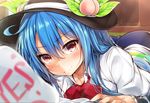  black_hat blue_hair blush bow collarbone duplicate english eyebrows_visible_through_hair food fruit hat hinanawi_tenshi leaf long_hair looking_at_viewer lying on_stomach peach red_bow red_eyes smile solo touhou wrist_cuffs yes yuhito_(ablbex) 