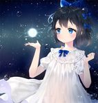  bangs black_hair blue_bow blue_eyes blush bow closed_mouth commentary_request dress expressionless hair_bow hands_up lib looking_to_the_side original outstretched_hand puffy_short_sleeves puffy_sleeves short_hair short_sleeves solo sphere water_drop white_dress 