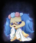  black_background blue_eyes blue_fur blue_glow canine cavalier_king_charles_spaniel clothing dog eyewear female feral fur glasses glowing jewelpet jewelry looking_at_viewer mammal musical_note necklace sanrio sapphie simple_background solo standing_upright tan_fur ukan_muri 